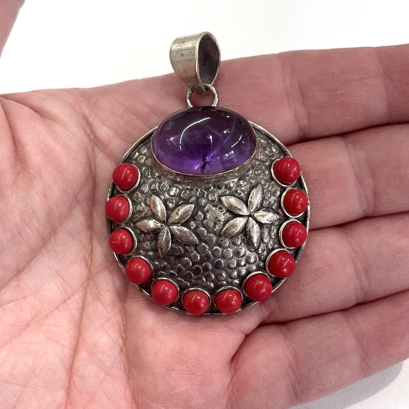 Thumbnail: Vintage Amethyst and Red Coral Pendant, Sterling Silver, Peaceful Jewelry