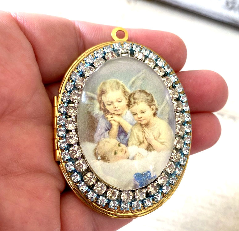 Thumbnail: Rhinestone Baby Boy Locket, Guardian Angel Pendant, Glitter Cameo Ornament