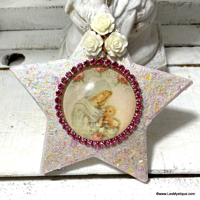 Thumbnail: Blush Pink Glitter Ornament Madonna and Child Rhinestone Cameo