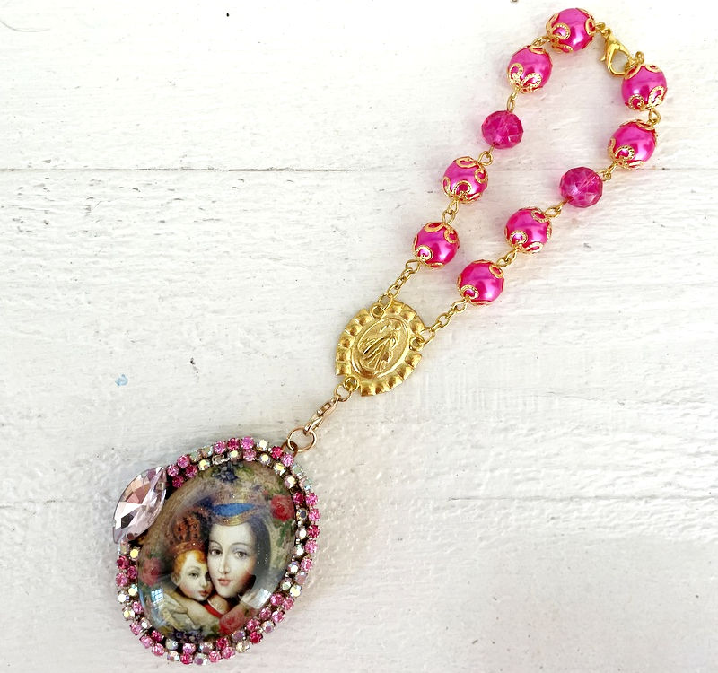 Thumbnail: Madonna & Child Locket, Glitter Cameo Pendant, Prayer Beads, Catholic Jewelry