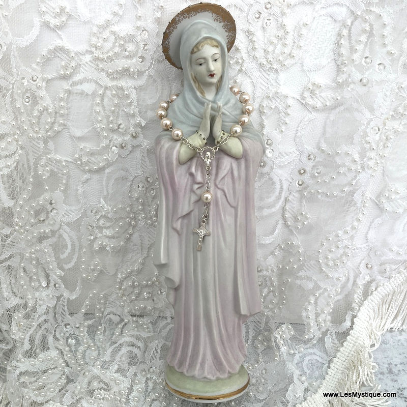 Thumbnail: Vintage Praying Virgin Mary Statue, Pastel Blue Pink Shabby French 50s Religious