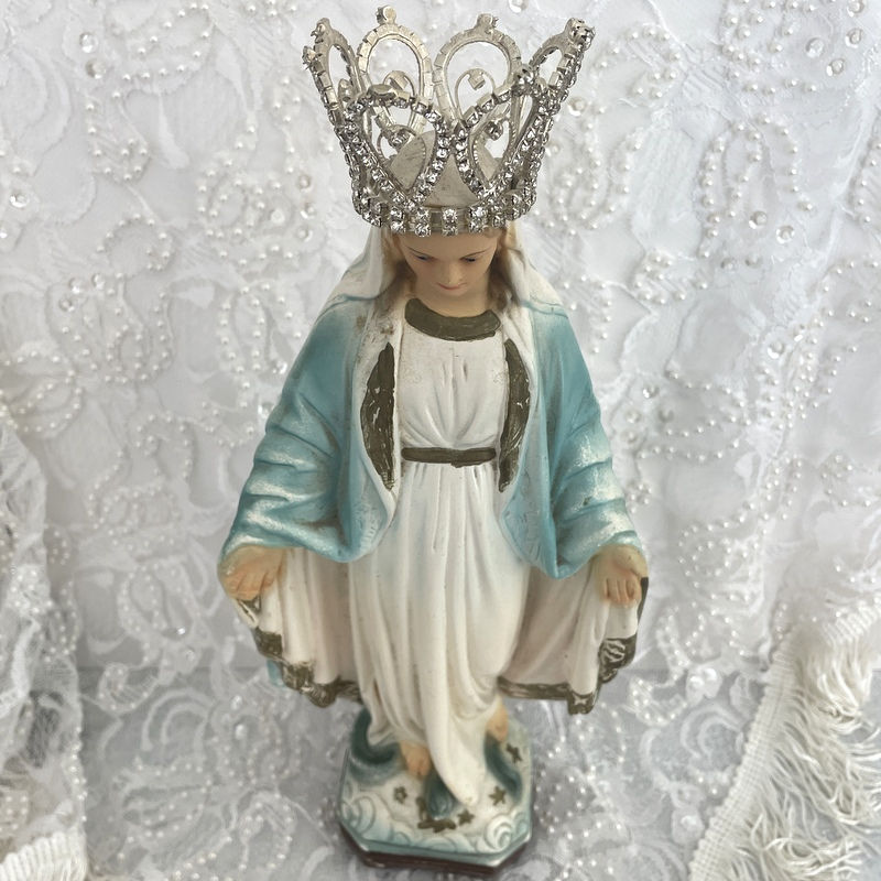 Thumbnail: Vintage Chalkware Virgin Mary Statue, Crowned Our Lady Grace, Rhinestone Crown