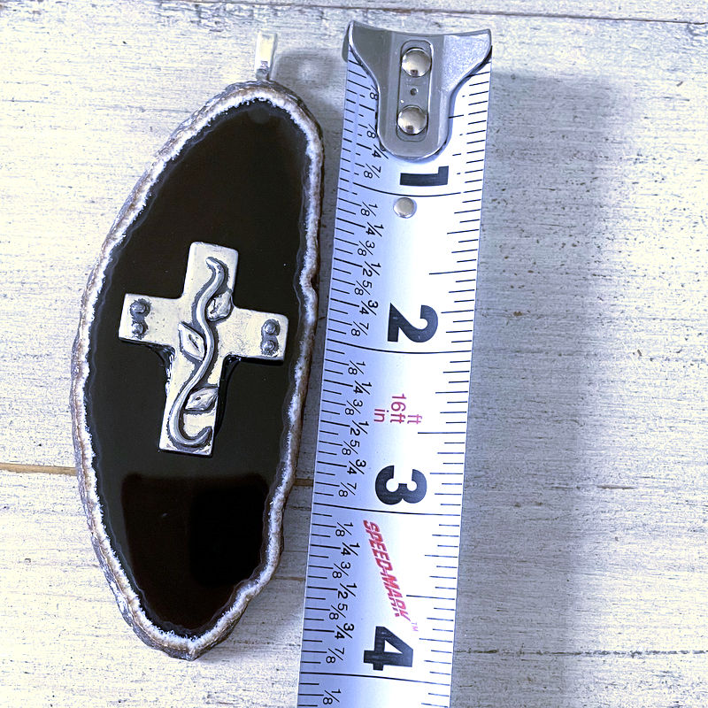 Thumbnail: Large Black Agate Slice Pendant With Cross Trendy Christian Jewelry
