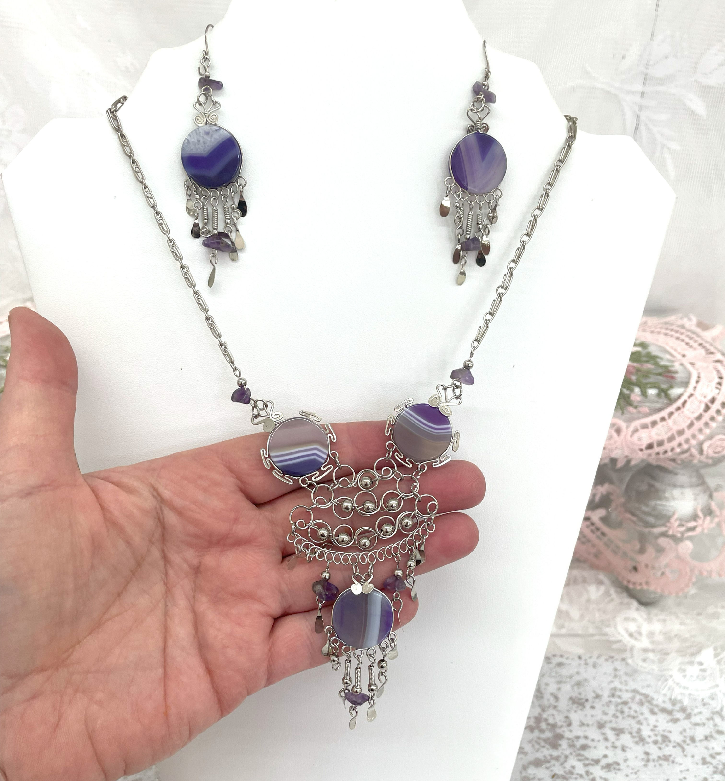 Purple Agate Earrings and Necklace set Handcrafted Statement Jewelry