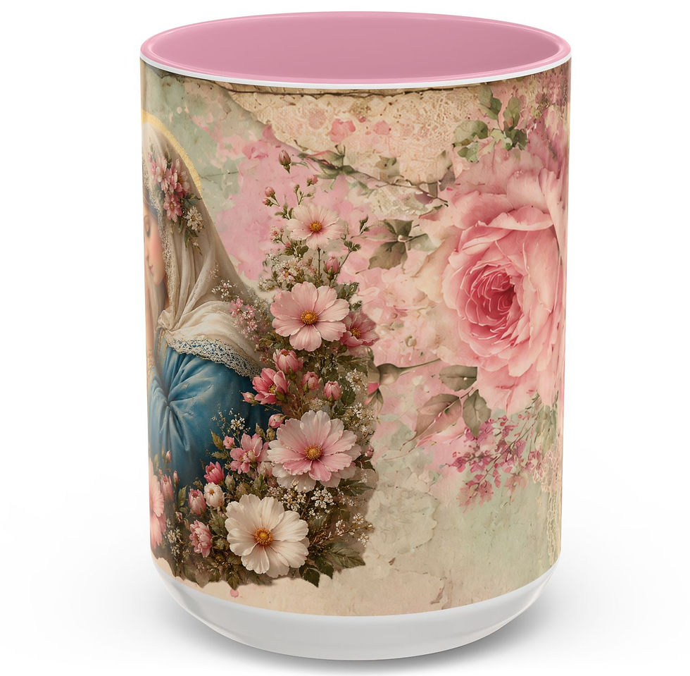 Thumbnail: Praying Mother Mary Art Mug — Virgin Mary Pink Roses Catholic Faith Coffee Cup
