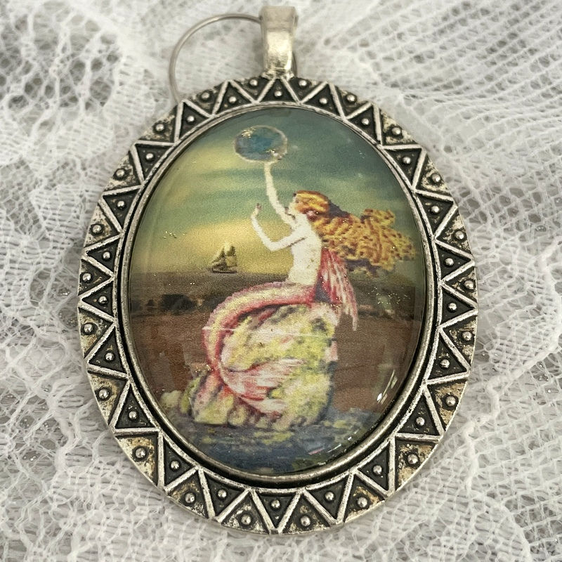 Thumbnail: Wearable Art Mermaid Pendant, Glitter Cameo, Beachy Artistic Jewelry