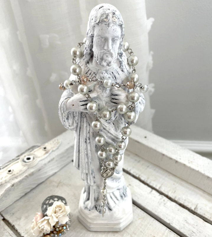 Thumbnail: Vintage Chalkware Sacred Heart Jesus Statue, Rhinestone Crown, Distressed White