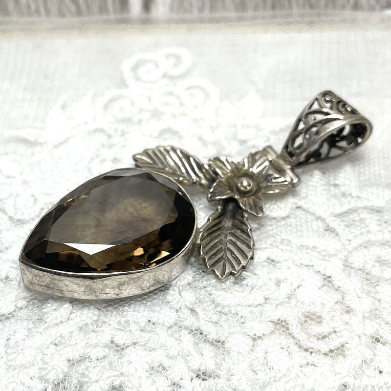 Thumbnail: Large Smoky Topaz Quartz Teardrop Pendant, Vintage Sterling Silver Jewelr
