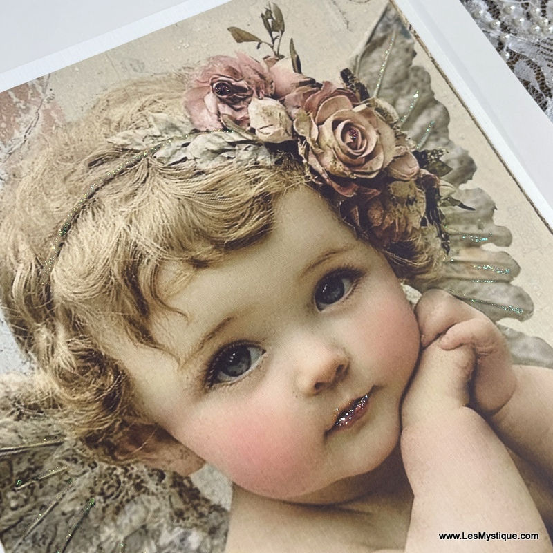 Thumbnail: Shabby Chic Cherub Print - Romantic Pink Victorian Angel w/ Glitter, Pink Roses
