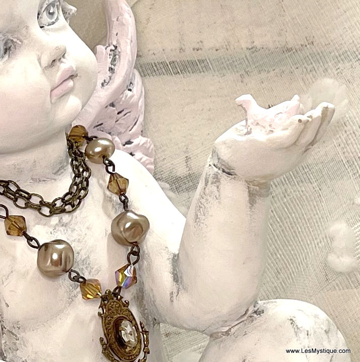 Thumbnail: Shabby Pink & White Cherub w/ Bird Statue Pink Crown French Country Angel Décor