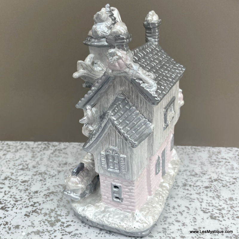 Thumbnail: Vintage Pumpkin Factory Halloween Village House Pink Silver Glitter