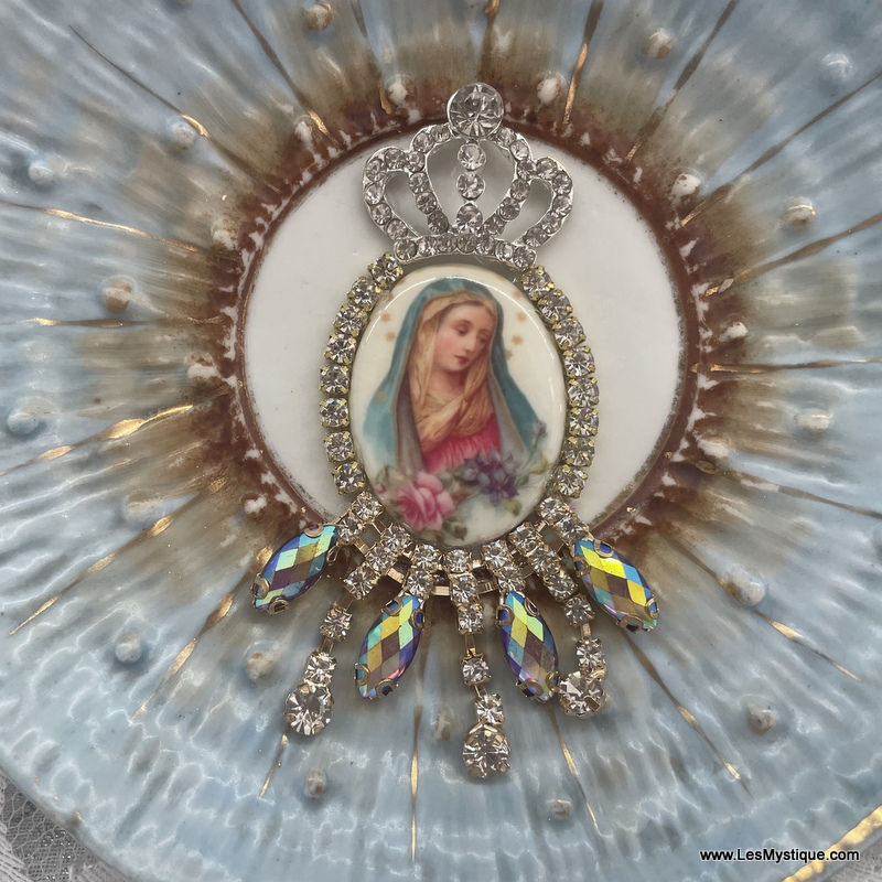 Thumbnail: Virgin Mary Cameo, Porcelain Decor, Rhinestone Shabby French Vintage Religious