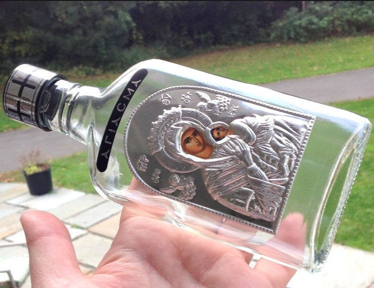 Thumbnail: Large Vintage Glass Holy Water Bottle, Silver Our Lady of Perpetual Help Icon