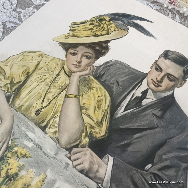 Thumbnail: Vintage Will Grefe Calendar Print - Antique Romance Art Yellow Flowers