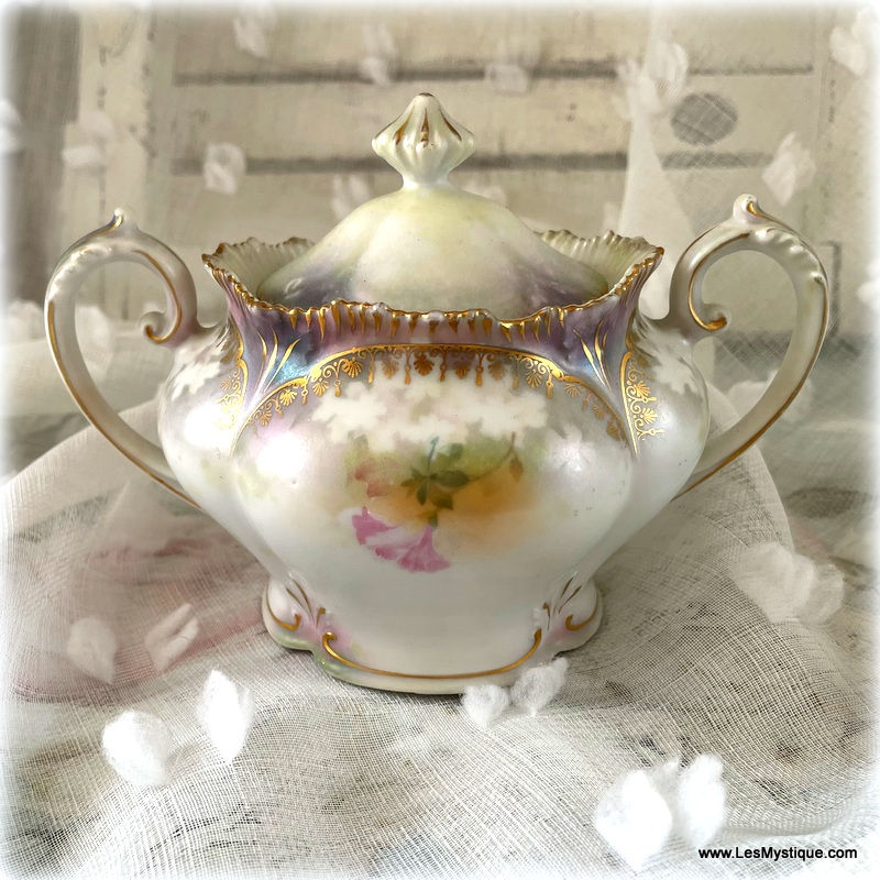 Thumbnail: Vintage Handled Sugar Bowl with Lid Hand-painted Floral Pink Purple Green Gold