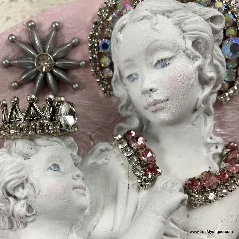 Thumbnail: Vintage Shabby Pink Rhinestone Virgin Mary Statue Plaque Crowned Madonna & Child