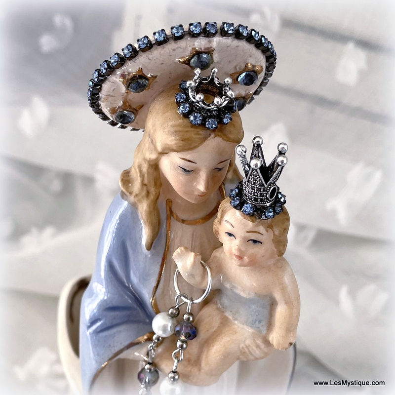Thumbnail: Vintage Madonna and Child Jesus Statue Blue Rhinestone Crown Virgin Mary Planter