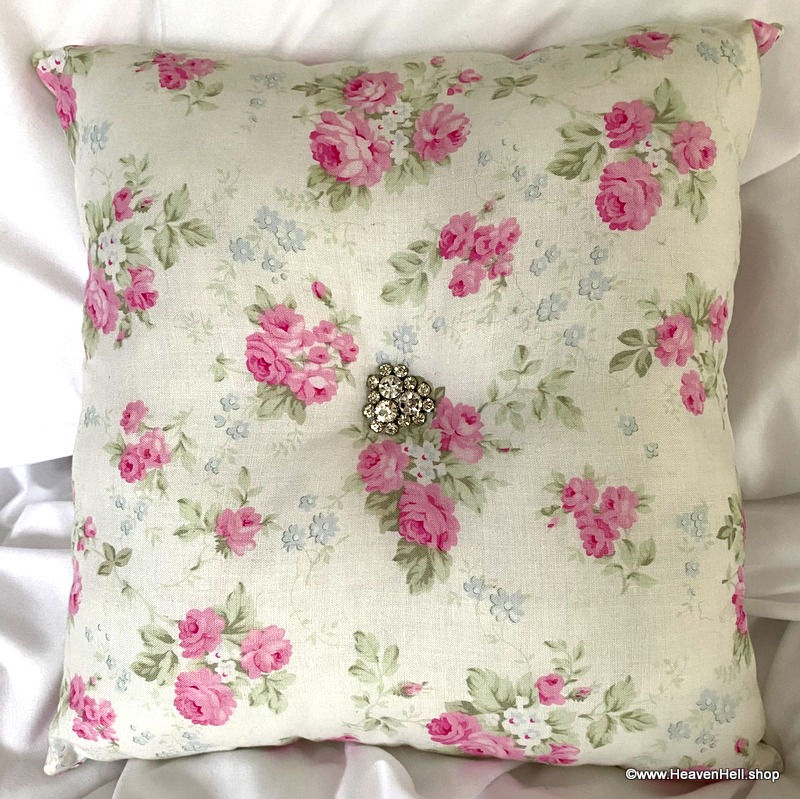 Thumbnail: Handmade Shabby Pink Roses Decorative Throw Pillow Pearl Rhinestone Accents