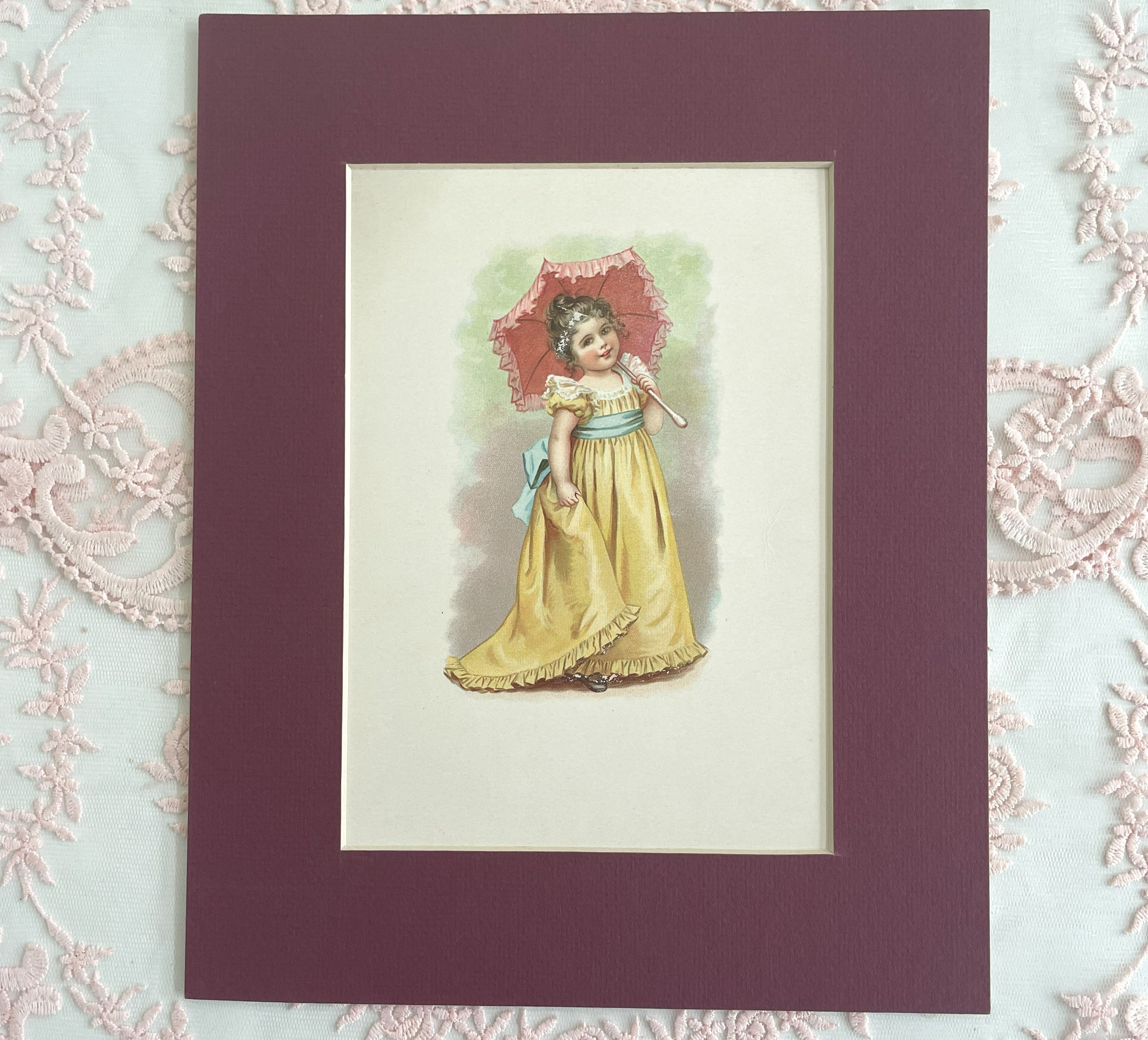 Vintage Art Print, Little Victorian Girl With Parasol, Antique Art