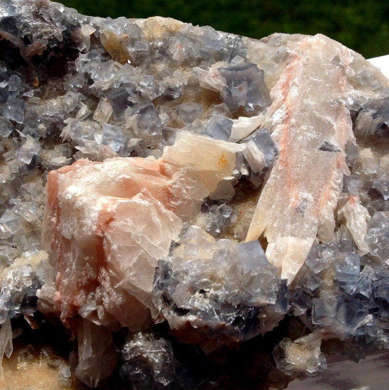 Thumbnail: 10.5" Large Blue Fluorite Crystal Plate Rose Pink Barite High Vibration Specimen