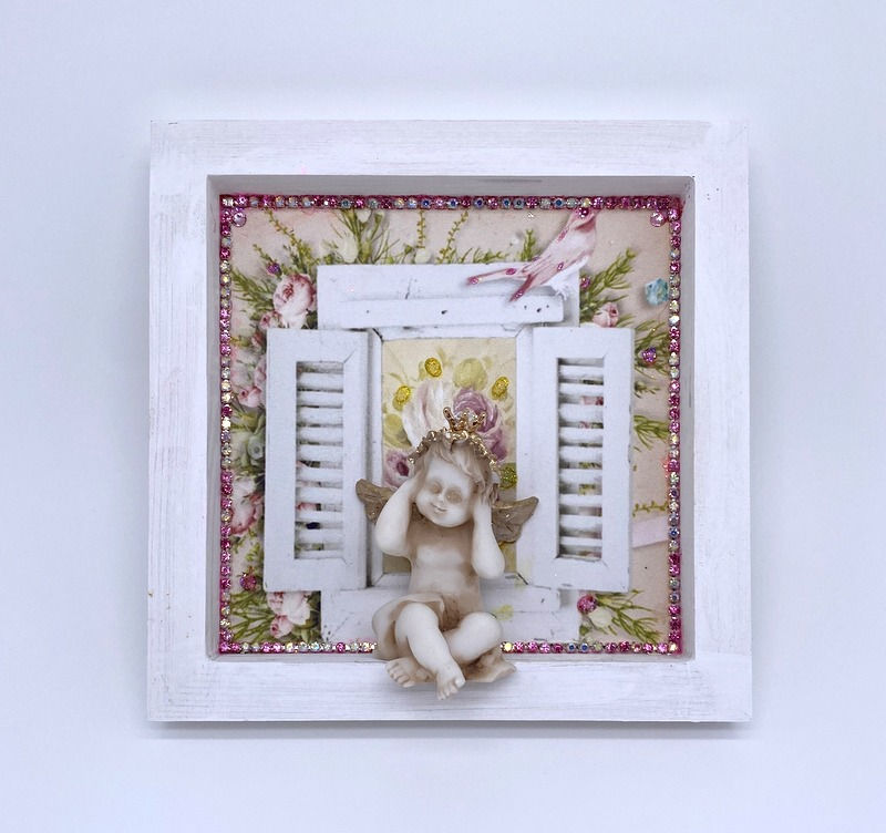 Thumbnail: 3D Shabby Art Decor Wood Frame Tabletop Rhinestone Spring Cherub, Pink & White