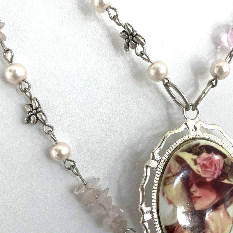 Thumbnail: Artistic Harrison Fisher Cameo Necklace Rose Quartz, Edwardian Woman Art Jewelry