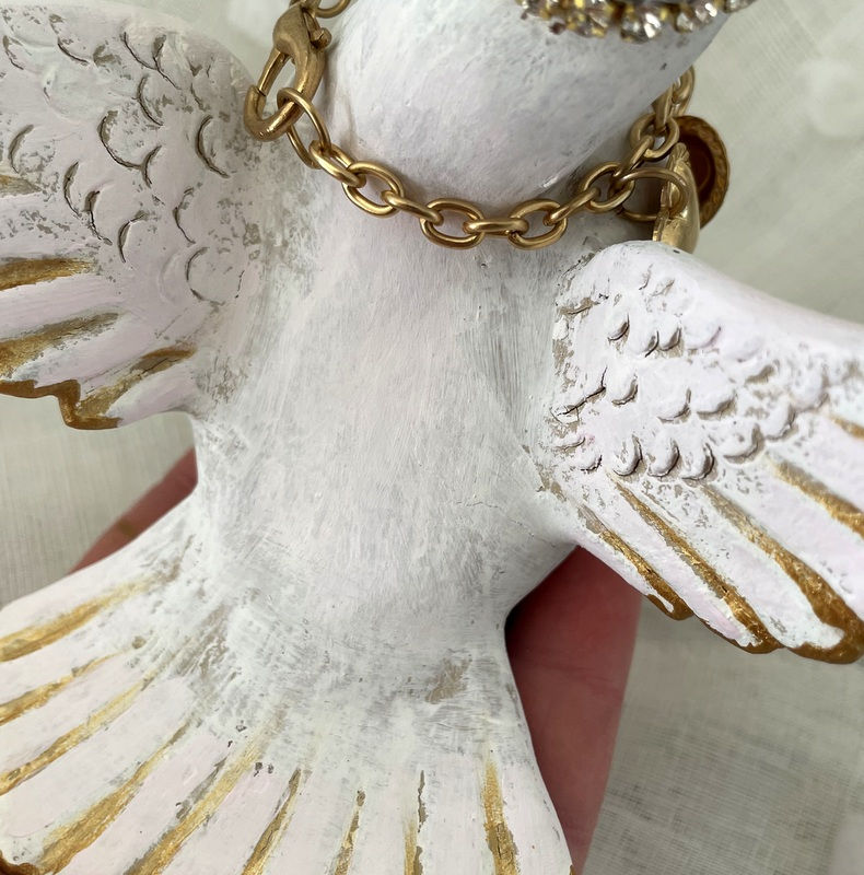 Thumbnail: Crowned White Bird Figurine Shabby French Bird Statue w/ Crown & Heart Necklace
