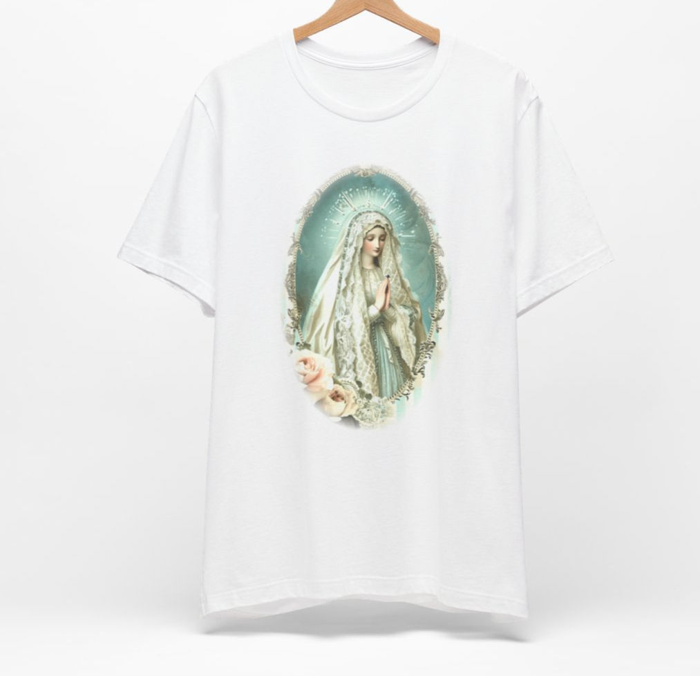 Shabby Virgin Mary T-Shirt Ave Maria Religious Faith Art Tee Catholic Gifts