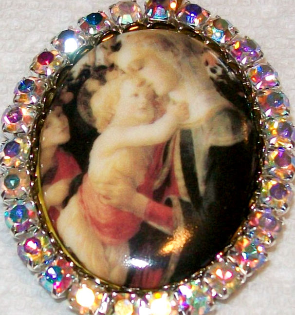Thumbnail: Madonna and Child Cameo Locket, Mother Mary Baby Jesus Rhinestone Prayer Pendant