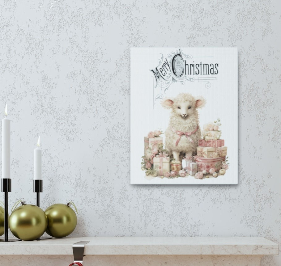 Thumbnail: Shabby Christmas Decor French Farmhouse Art Canvas Gallery Wrap Christmas Lamb 