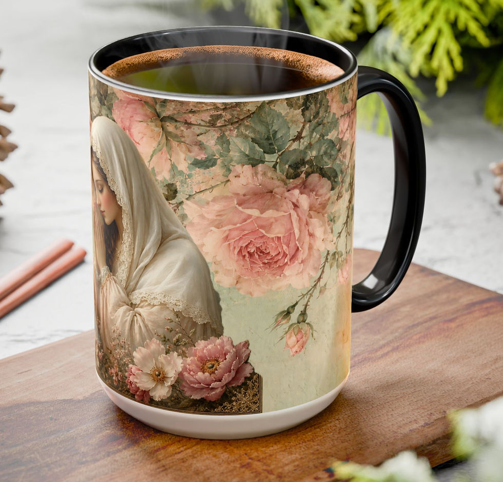 Thumbnail: Praying Mother Mary Art Mug — Virgin Mary Pink Roses Catholic Faith Coffee Cup