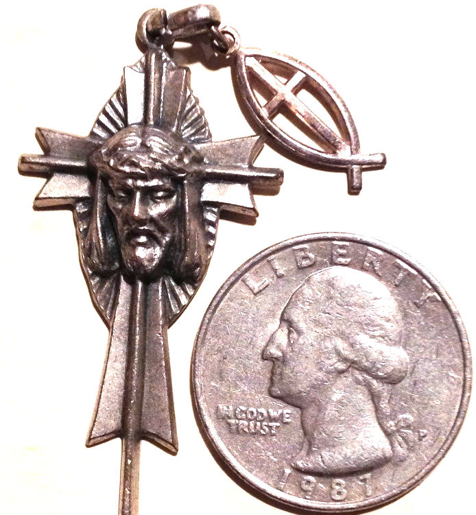 Large Jesus Christ Head Cross Pendant, Fish Charm Medal, Ecce Homo