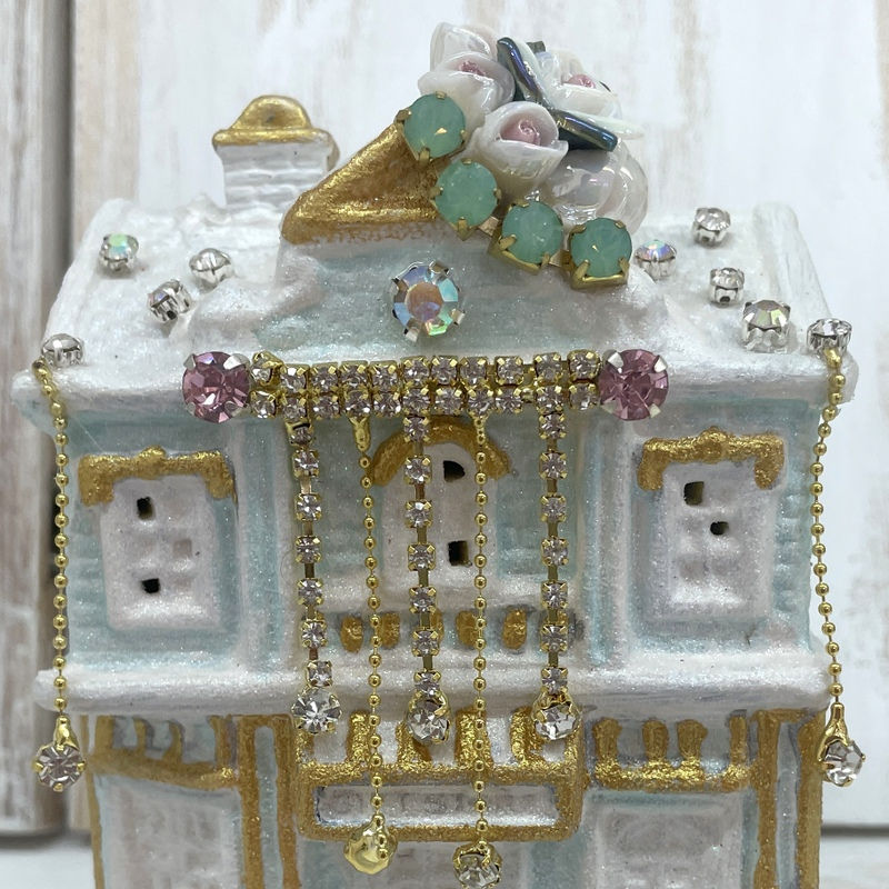 Thumbnail: Shabby Rhinestone Christmas Village House Aqua Gold Glitter, Light Up Gift Store