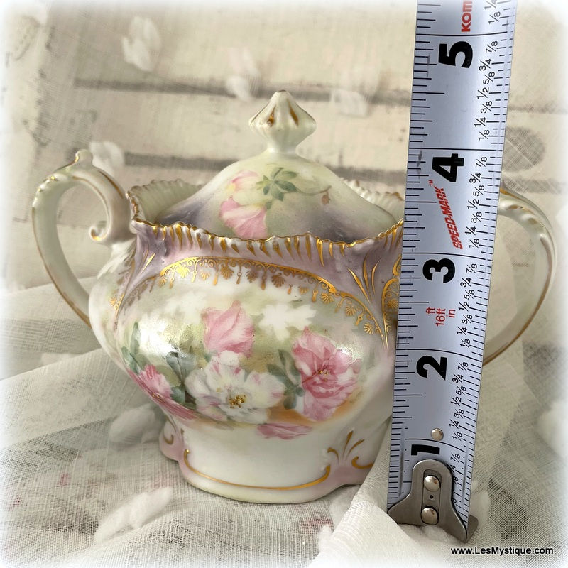 Thumbnail: Vintage Handled Sugar Bowl with Lid Hand-painted Floral Pink Purple Green Gold