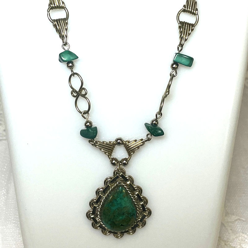 Thumbnail: Chrysocolla Drop Necklace, Wire Wrapped, Vintage Gemstone Jewelry