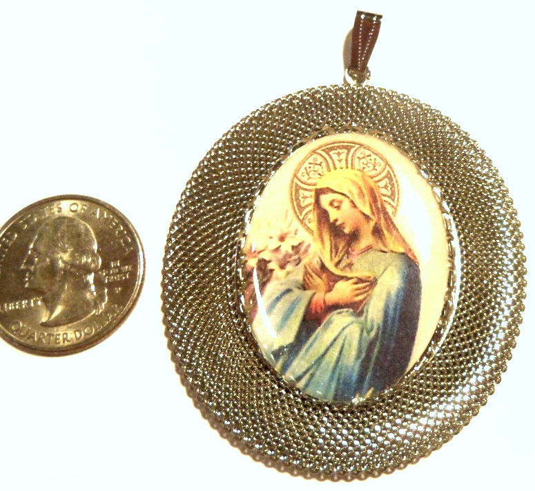 Thumbnail: Large Vintage Our lady of Sorrows Virgin Mary Cameo Pendant, Religious Jewelry