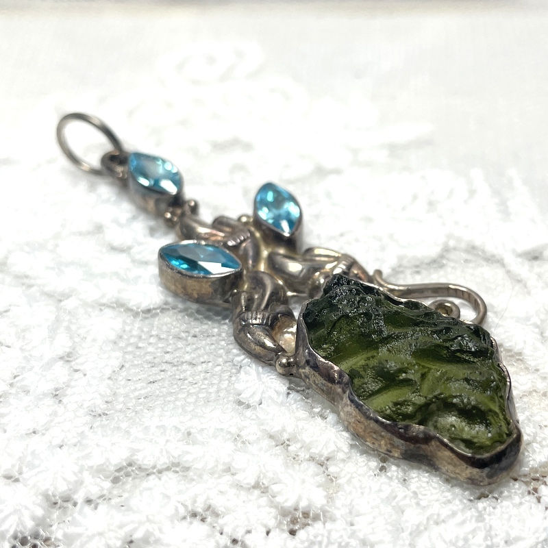 Thumbnail: Vintage Czech Moldavite Pendant w/ Blue Topaz, Sterling Silver Jewelry