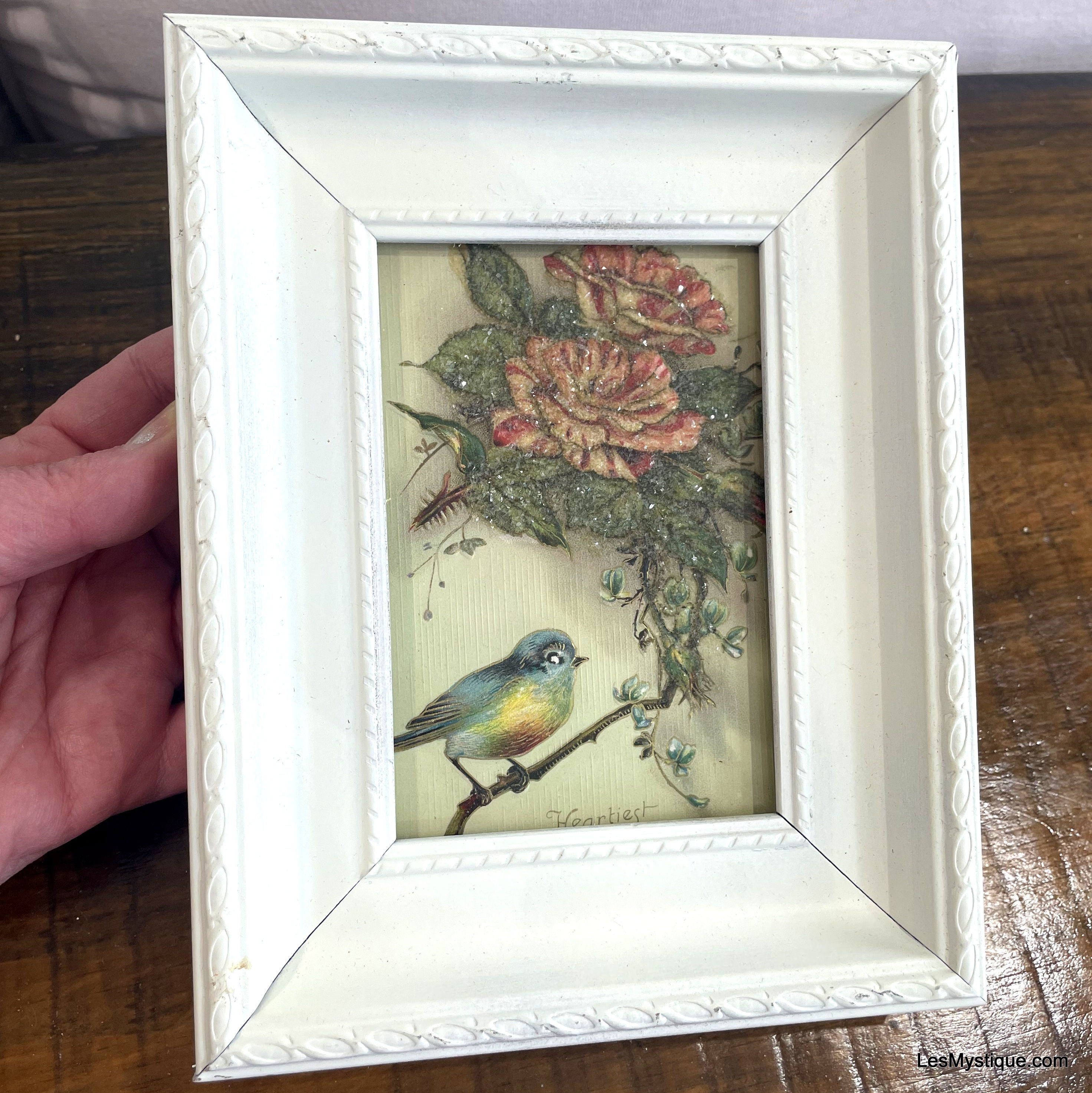Vintage Bird & Flowers Glitter Postcard Framed Art Shabby French Country Decor