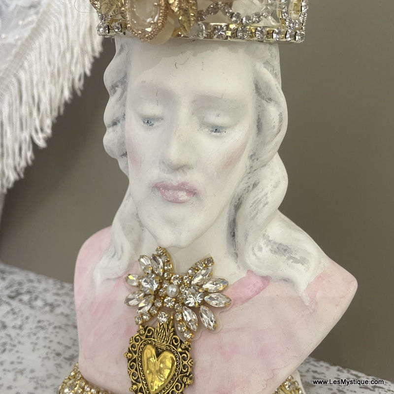 Thumbnail: Shabby French Sacred Heart of Jesus Statue, Pink White, Jeweled Rhinestone Crown