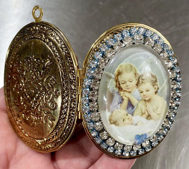 Thumbnail: Rhinestone Baby Boy Locket, Guardian Angel Pendant, Glitter Cameo Ornament