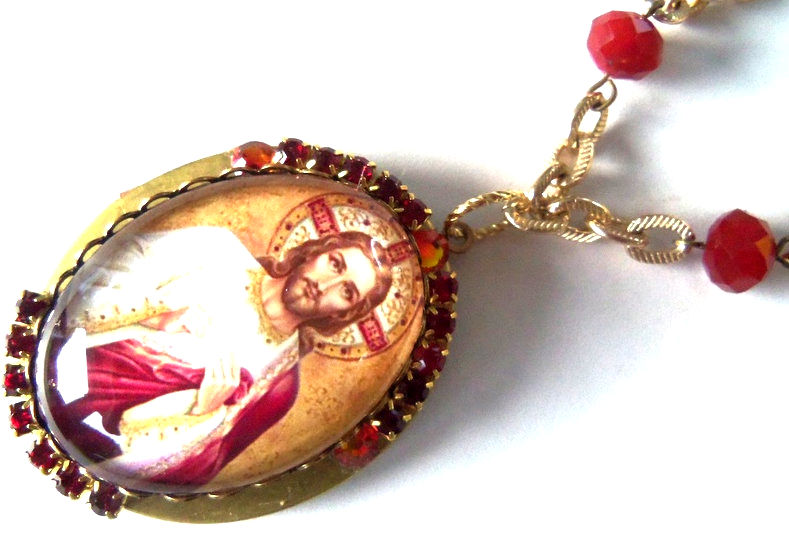 Thumbnail: Catholic Jewelry: Jesus Christ Glass Cameo Prayer Locket Red Rhinestone Necklace