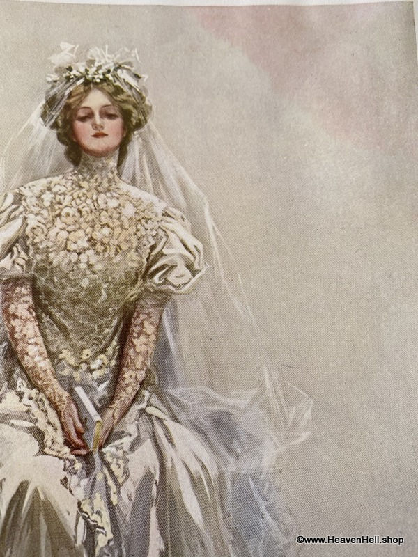Thumbnail: 1909 Vintage Harrison Fisher Edwardian Bride Print Wedding White Roses, Antique
