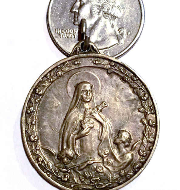Thumbnail: Large Rare Antique Holy Medal, Saint Therese, St. Theresa, Angels and Roses