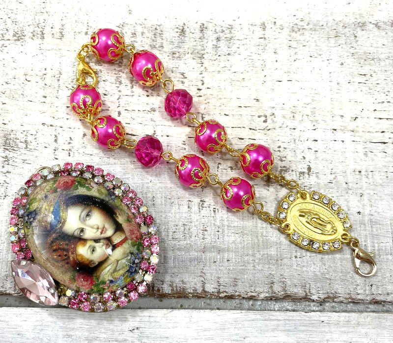 Thumbnail: Madonna & Child Locket, Glitter Cameo Pendant, Prayer Beads, Catholic Jewelry