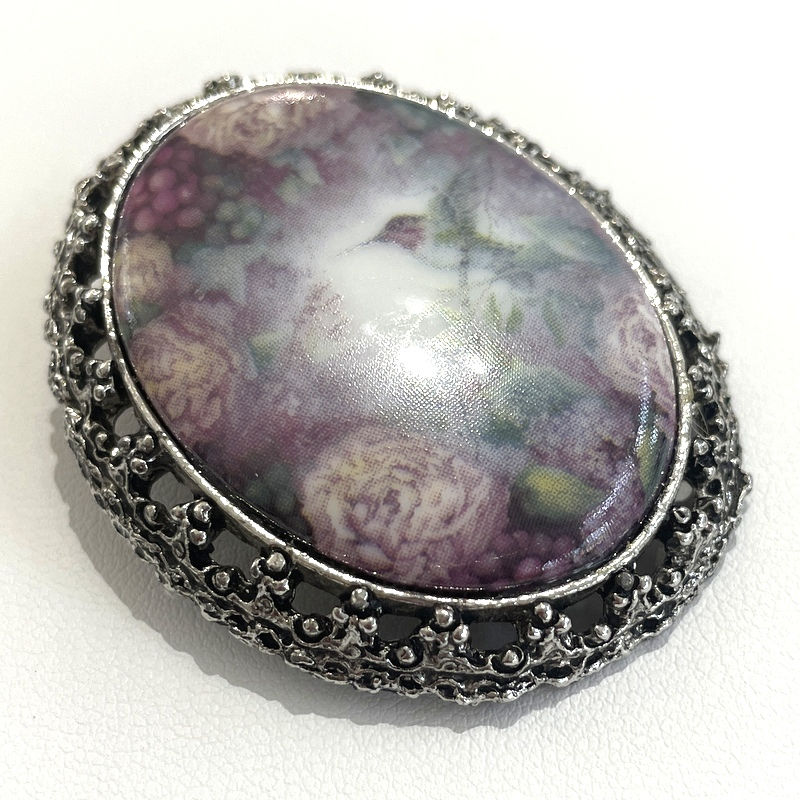Thumbnail: Hummingbird Art Pendant or Brooch, Porcelain Cameo, Vintage Jewelry, Plum Pink