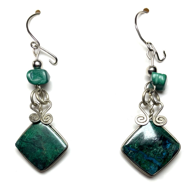 Silver Chrysocolla drop Earrings, Wire wrapped, Handcrafted Jewelry