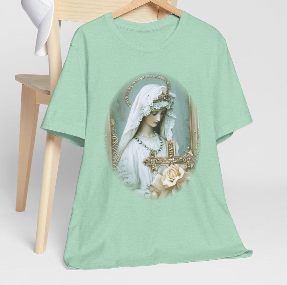 Shabby Virgin Mary T-Shirt Ave Maria Religious Faith Art Tee Catholic Gifts