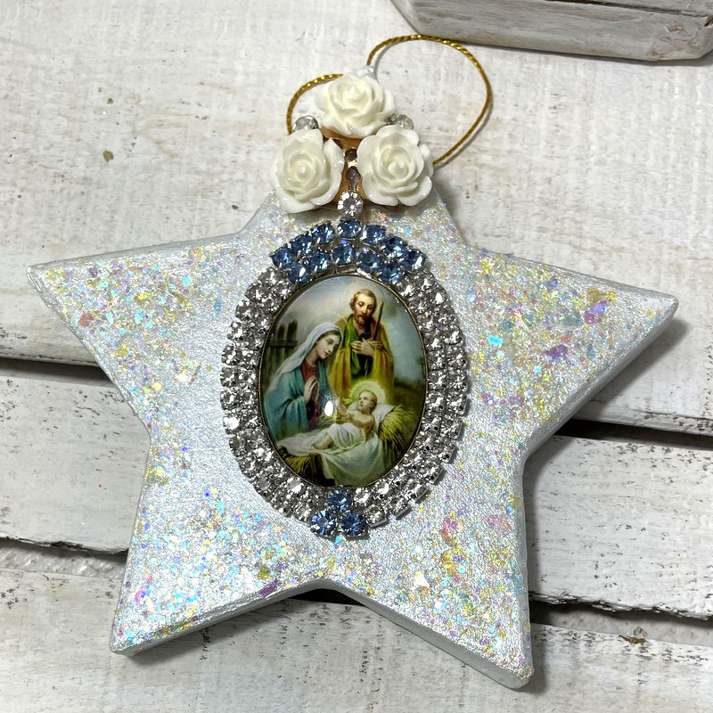 Thumbnail: Virgin Mary St Joseph Jesus Christmas Ornament Rhinestone Cameo