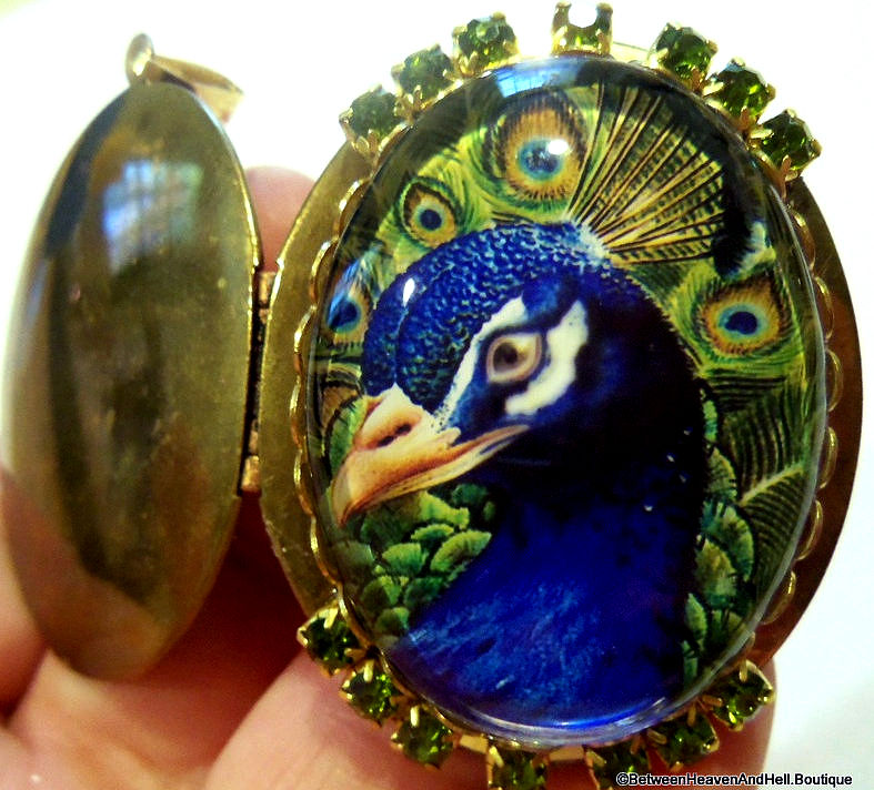 Vibrant rhinestone Peacock Locket Wearable Art Pendant, Handcrafted Jewelry