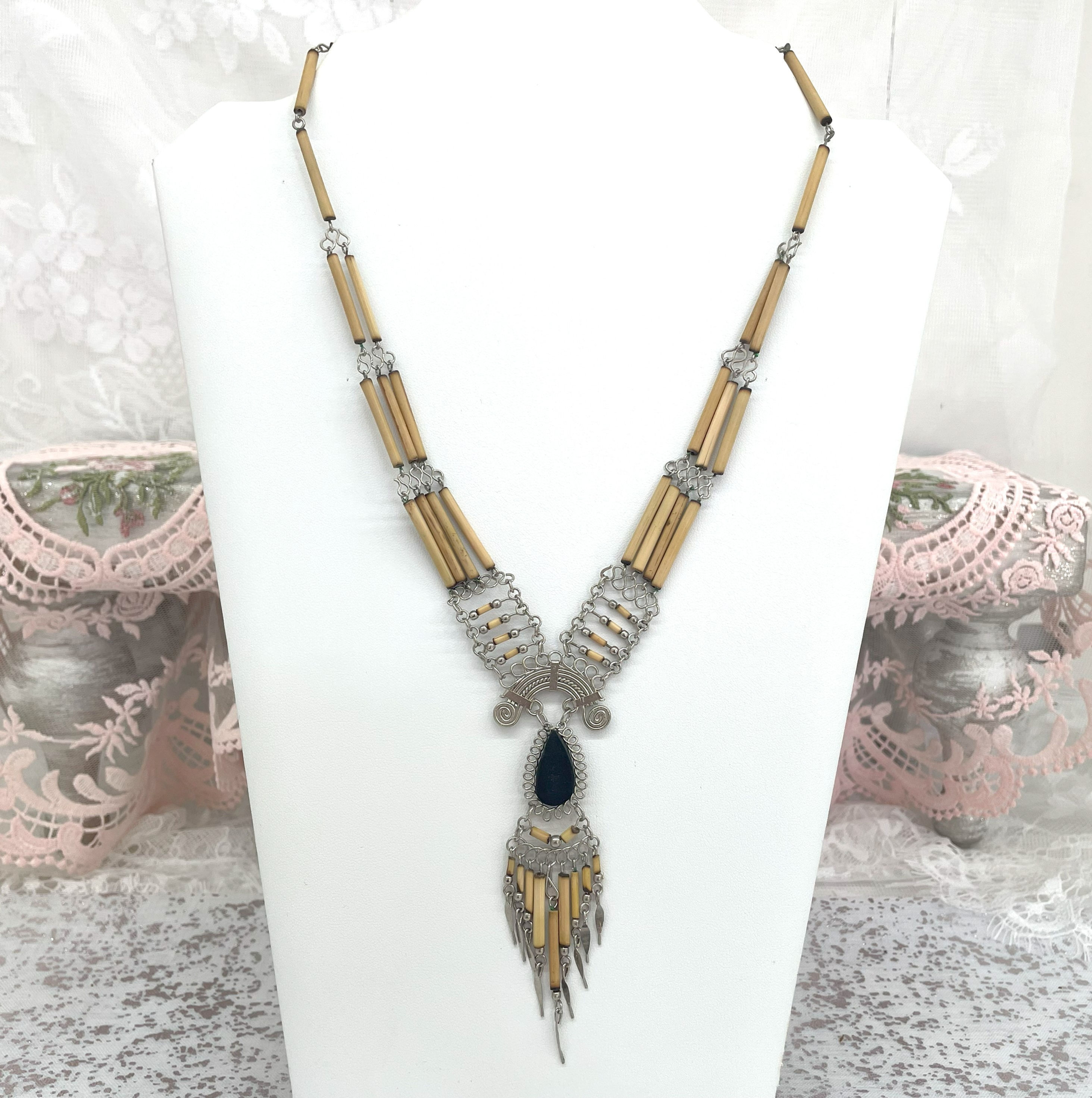 Bamboo Black Onyx Gemstone Necklace Handcrafted Statement Jewelry